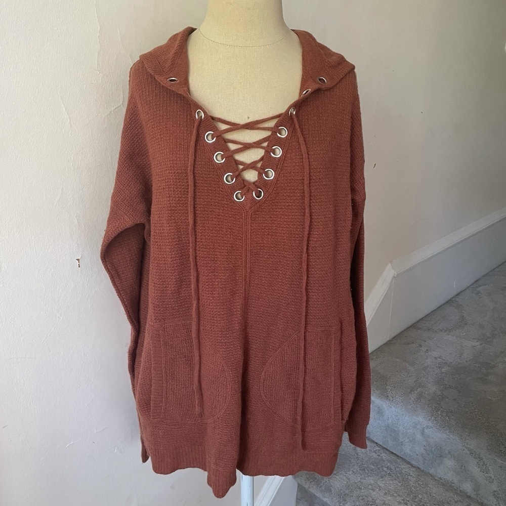 Cullen 100% Cashmere Brown Lace Up Hooded Sweater Size Medium